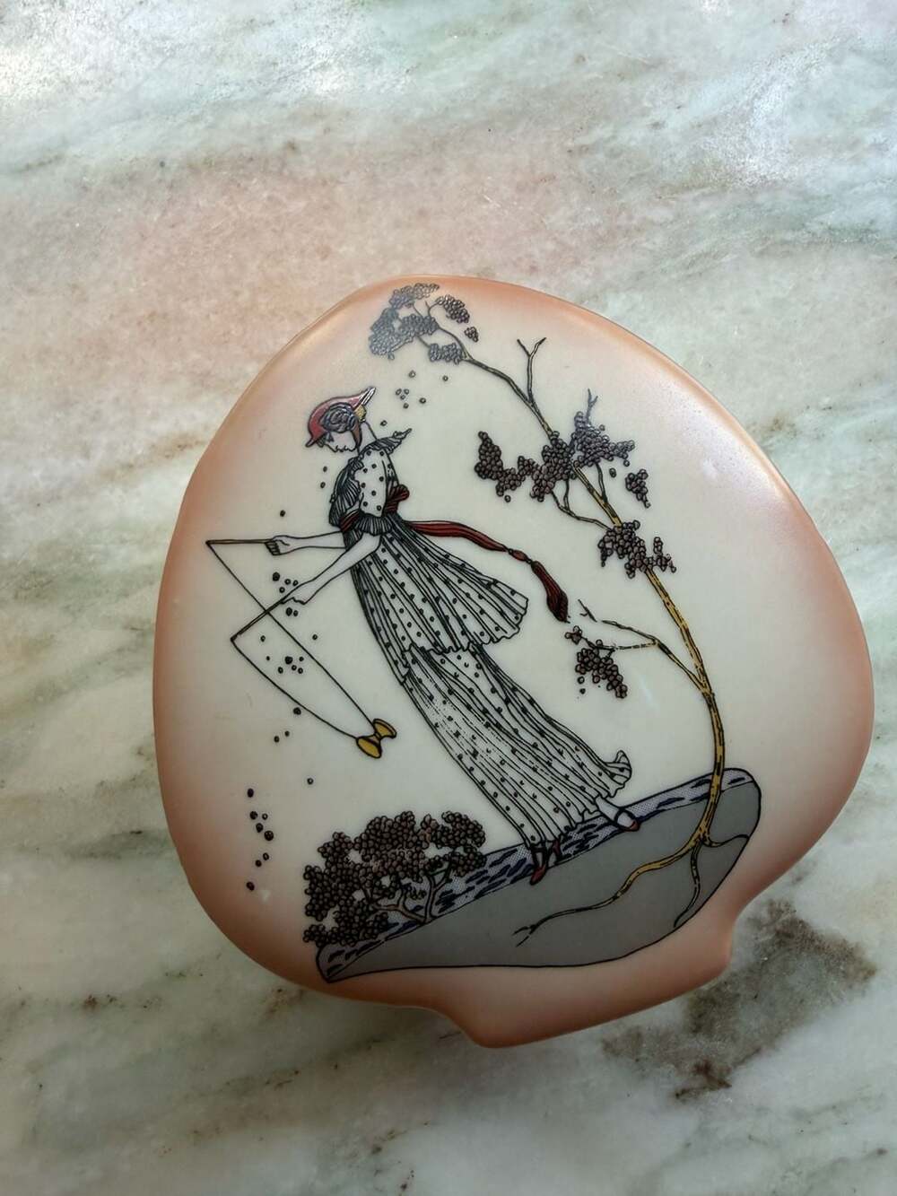 Vintage Art Deco Style Porcelain Trinket Box Featuring Woman with Diabolo Toy